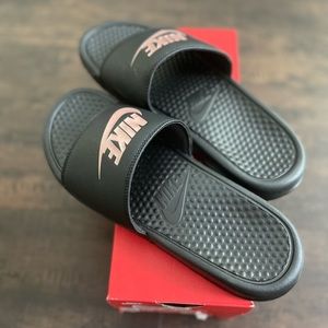 Black and Rose Gold Nike Slides